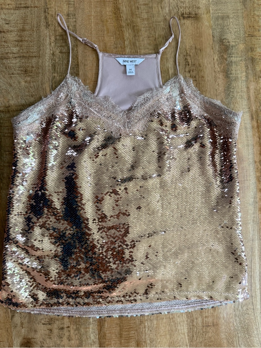 Nine West Rose Gold Sequin Lace Trim Cami Tank Top Medium Holiday Party Layering